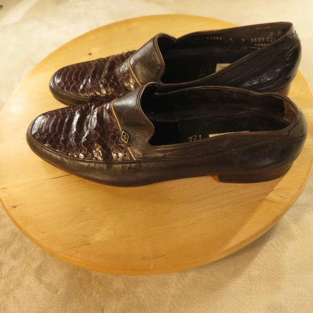 Vintage Moreschi Loafers Mens 9 Dark Brown Leather Snakeskin Made in Italy
